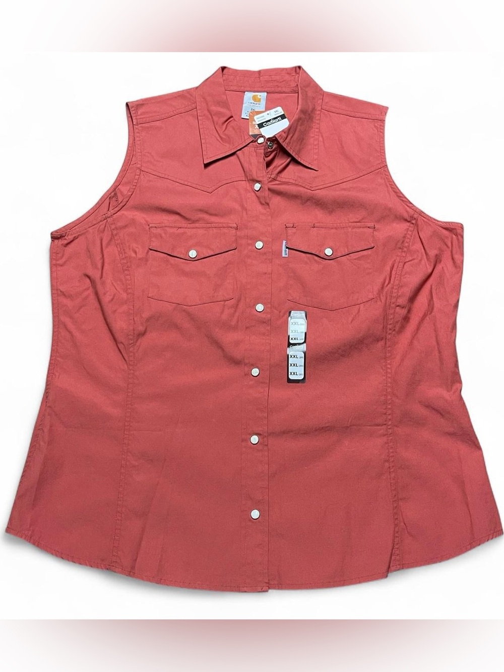 Vintage Carhartt Top Womens 2XL Coral Pearl Snap Sleeveless Button-Up Vest